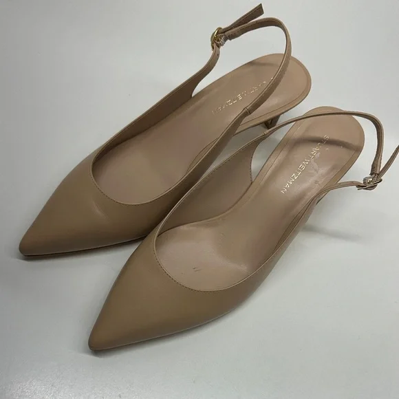 Stuart Weitzman Mara 50 Leather Slingback Kitten Heels Pump Shoes Beige Size 7.5 - Picture 5 of 9
